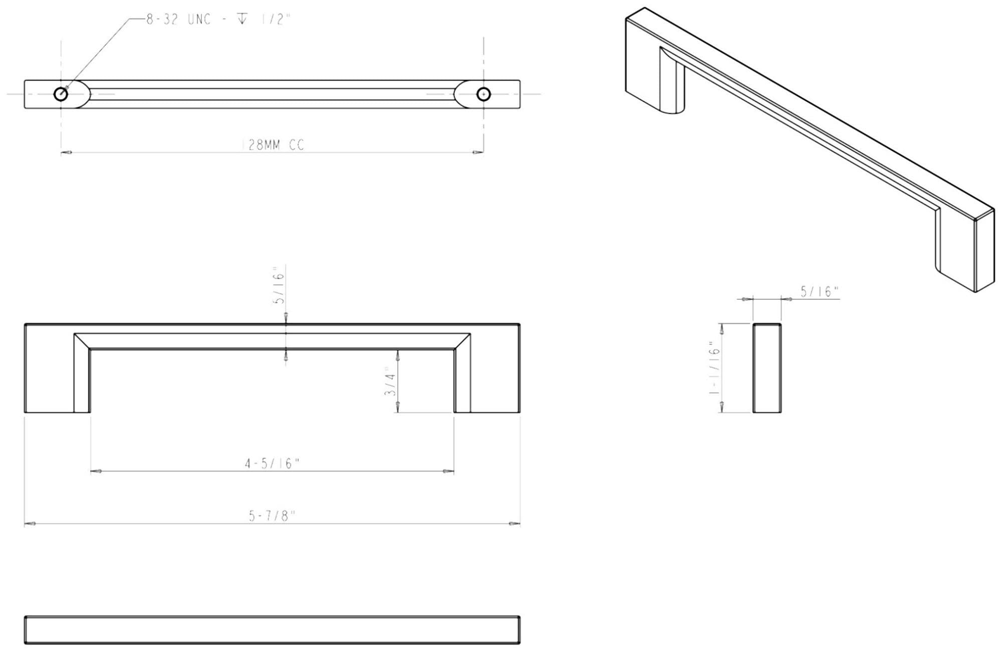 Jeffrey Alexander 635-128 Sutton 5-1/16" (128 mm) Center to Center Square Linear Bar Handle Cabinet Handle/Drawer Pull -
