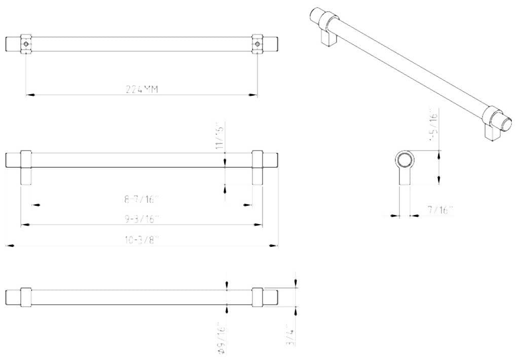 Jeffrey Alexander 5224 Key Grande 8-13/16" (224 mm) Center to Center Modern Pipe Style Bar Cabinet Handle/Drawer Pull -