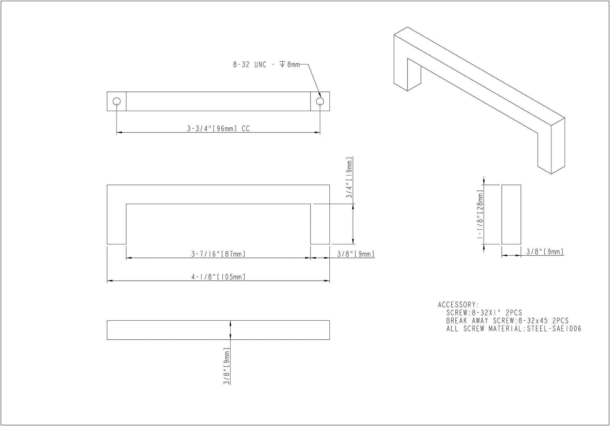 Satin Elements 625-96 Stanton 3-3/4" (96 mm) Center to Center Modern Square Cabinet Handle/Drawer Pull -